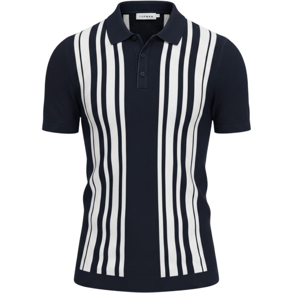 Charlie Harper blue knitted polo shirt vertical white placement stripes L Topman